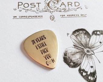 21st Year Anniversary Custom Brass Guitar Pick, Couple Gift, 21-Year Love Commemorative Guitar Pick, Personalised Love Message Guitar Pick