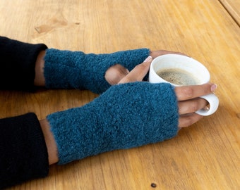 Baby Alpaca Fingerless Gloves, Super Warm Fuzzy Knit Blue Gloves, Soft Comfortable