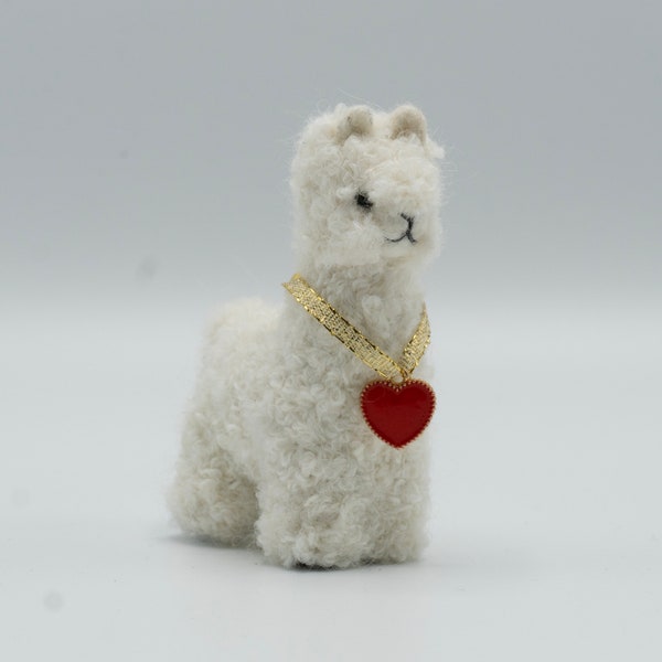Needle Felted Llama  with Heart Charm, Made with Baby Alpaca Wool