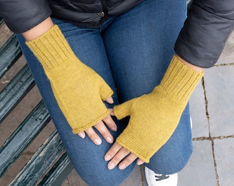 Baby Alpaca Fingerless Gloves Wrist High Curl, Mustard Womens Casual Gloves