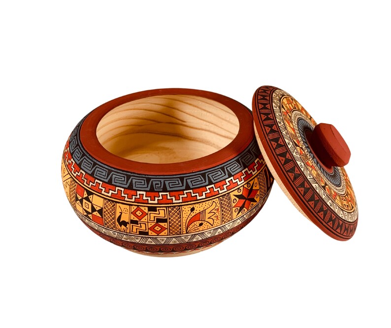 Unisex Wooden Jewelry Gift Box Hand Painted Jewelry Box Bowl Peruvian Design Inca Art Men,Women Gifts for Him and Her