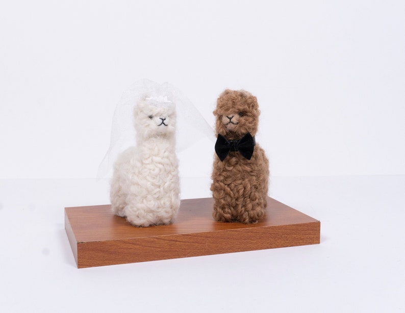 Needle Felted Alpaca Wedding Cake Toppers Llama Bride & Groom Set, Perfect Wedding Gift image 1