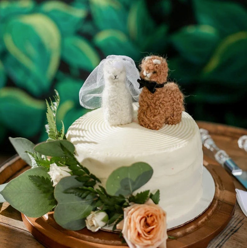 Needle Felted Alpaca Wedding Cake Toppers Llama Bride & Groom Set, Perfect Wedding Gift image 2