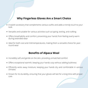 May include: Text explaining the benefits of fingerless gloves made with alpaca wool. The text highlights the stylish design, versatility, breathability, warmth, and durability of the gloves.  The text also mentions that alpaca wool is soft and gentle on the skin.