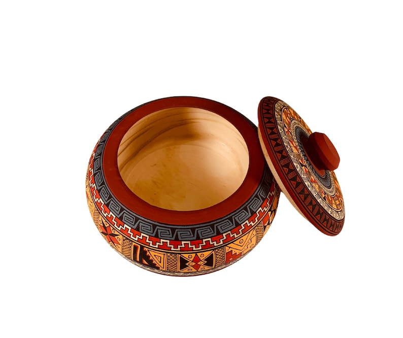 Unisex Wooden Jewelry Gift Box Hand Painted Jewelry Box Bowl Peruvian Design Inca Art Men,Women Gifts for Him and Her
