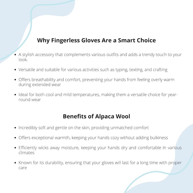May include: White background with text: "Why Fingerless Gloves Are a Smart Choice" and "Benefits of Alpaca Wool." The text describes the benefits of fingerless gloves and alpaca wool, including comfort, warmth, and versatility.
