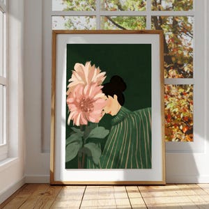 Emerald Green Floral Portrait Woman with Giant Blush Flower, Modern Painterly Illustration digitalDownload