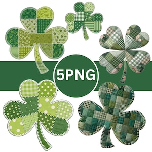 Peut inclure: Cinq motifs de trèfles verts avec des motifs patchwork. Chaque trèfle présente une combinaison différente de tissus verts, notamment des pois, du vichy et des imprimés floraux. Le texte "5PNG" est dans un cercle vert.