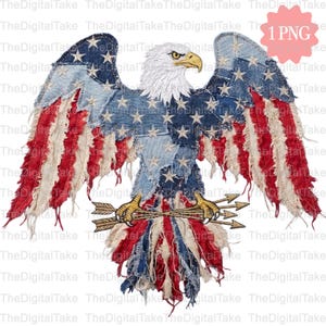 May include: A patriotic eagle design with outstretched wings, crafted from denim and fabric. The wings feature a patchwork of blue denim with white stars and red and white striped accents. The eagle holds arrows in its talons.