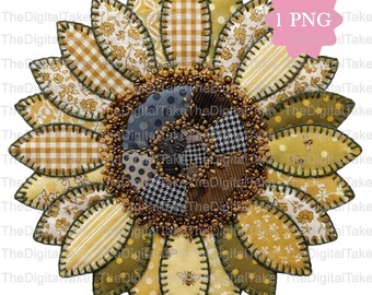 Patchwork sunflower PNG, Vintage Clipart (Digital Download)