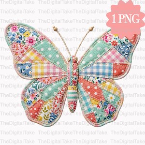 May include: A decorative patchwork butterfly, featuring a variety of patterned fabrics in shades of pink, blue, yellow, and green. The butterfly has a stitched outline and wooden bead antennae. The wings are divided into geometric sections.