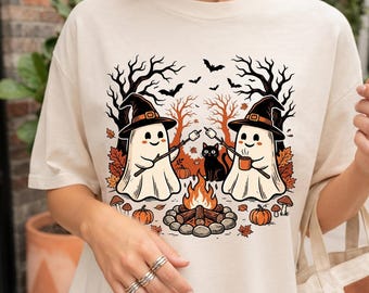 Retro Cute Ghost Halloween Png, Fall Camping Boo Ghosts Png, Autumn Floral Png, Spooky Season Png, Cozy Camping Halloween Png, Campfire Png
