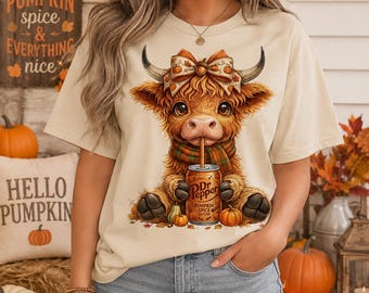 Highland Cow Fall PNG: Autumn Pumpkin Plaid Bow Brushstroke Leaves Design Digital Download