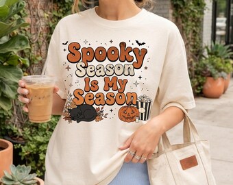 Spooky Season Is My Season Png, Retro Halloween Typography Design, Black Cat Pumpkin Candle Png, Cute Halloween Shirt Design, fall png