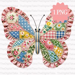 May include: A fabric butterfly with a patchwork design, incorporating floral, polka dot, and gingham patterns in shades of pink, blue, yellow, and green. The butterfly has a striped body and antennae. The image includes the text "1 PNG".