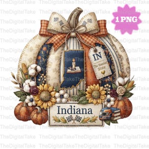 May include: A decorative pumpkin illustration featuring a beige and orange striped pattern, a large bow, and sunflowers. It includes an Indiana state map, a tag labeled IN The Hoosier State, a racing helmet, books, and the text Indiana.