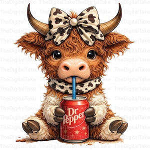 Op de afbeelding: Een illustratie van een Highland-kalf met bruine vacht, grote ogen en hoorns. Het draagt een strik en sjaal met een koeienprint en houdt een rode Dr. Pepper-blik met een blauw rietje vast. The Digital Take is op de afbeelding gedrukt.