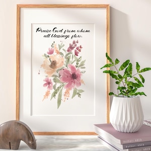 Watercolor Hymn Print: Praise God Doxology, Green Floral Christian Art (PDF/JPEG Digital Download