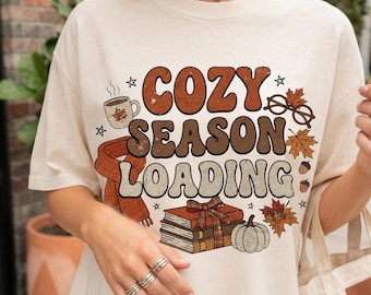 Cozy Season Loading Png, Fall Retro Typography Sublimation Design, Pumpkin Coffee Books Png, Autumn Reading Vibes, Fall Png For Shirts