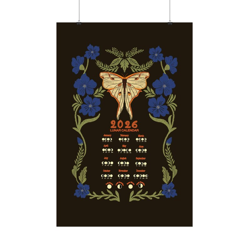 Luna Moth 2026 Lunar Calendar, Vintage Botanical Moon Phase Art Print ...