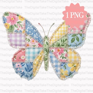 Patchwork butterfly faux PNG, Girl Spring PNG, Spring Faux Patchwork PNG, Patchwork Butterfly png, Fabric Butterfly T-Shirt Design,