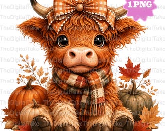 Fall Highland Cow Png, Cozy Season Png, Coquette Fall Png, Coquette Pumpkin Png, Fall Png Designs Girly, Cozy Fall Clipart, Highland cow Png