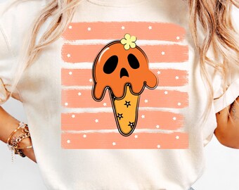 Rustic Vintage Witch Pumpkin Stripes ghost icecream PNG Fall Shirt Autumn Graphic, Cozy Fall Sweatshirt PNG,Trending Fall Minimalist Mom