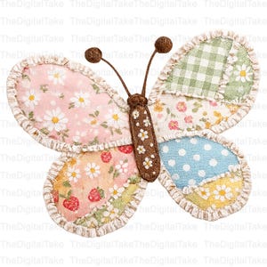 May include: A decorative butterfly with patchwork wings. The wings feature various patterns, including daisies, strawberries, and polka dots, in shades of pink, green, and blue. The butterfly has brown antennae and a brown body with white flower accents.