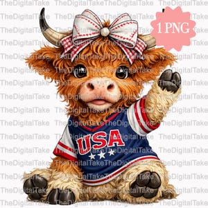 Puede incluir: Ilustración digital de un ternero de vaca de las Tierras Altas con una camiseta de USA y un lazo rojo y blanco. El ternero está saludando con una pezuña. La imagen incluye el texto "1 PNG".