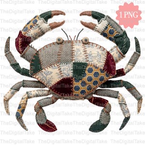 May include: A decorative crab made of patchwork fabric in various patterns and colors, including blue toile, green corduroy, and burgundy velvet. The crab has two large eyes and detailed claws and legs. A unique nautical-themed home decor item.