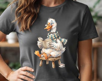 Book reading Preppy Goose Clipart, Funny Girl watercolor PNG, POD Design (Commercial Use), instant digital download png.