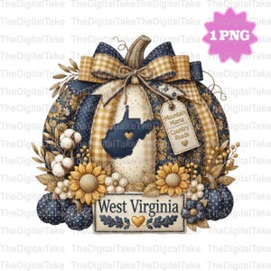 May include: A decorative pumpkin illustration featuring navy blue and tan gingham patterns, floral motifs, and cotton bolls. It includes a West Virginia state silhouette, a tag reading Mountain Mama Country Roads, and a sign labeled West Virginia.