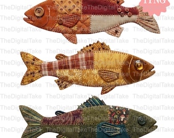 Patchwork faux Fish PNG, Coastal Nautical fall Shirt Design (Digital Download)