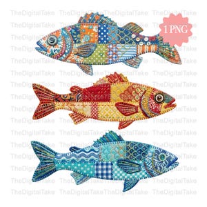 May include: Three colorful, patchwork fish illustrations. Each fish features a unique combination of patterned fabrics in shades of blue, red, yellow, and green. The fish are stylized with detailed fins and scales.