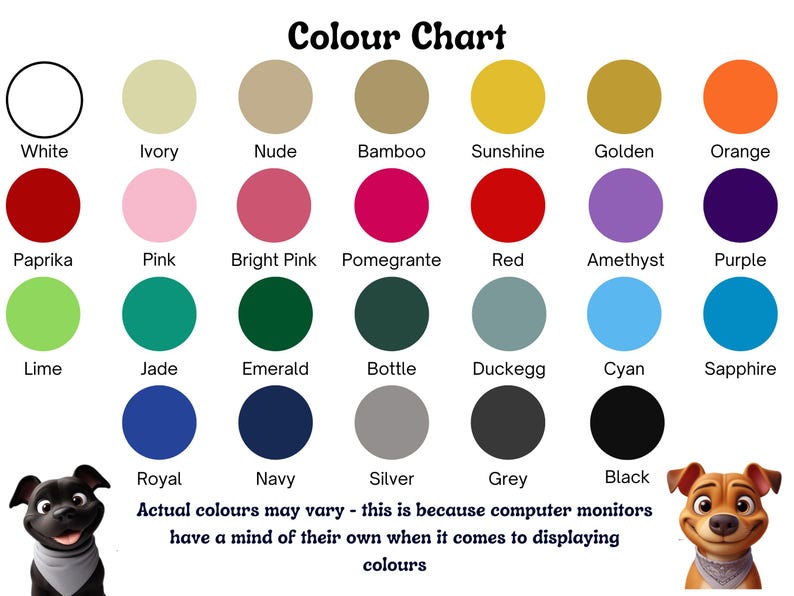 May include: A color chart featuring a variety of colors, each labeled with a name. The chart includes colors like white, ivory, nude, bamboo, sunshine, and orange. The text "Actual colors may vary" is also present.