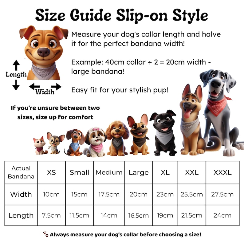 May include: Size guide for slip-on dog bandanas. Includes measurements for XS to XXXL sizes, with widths from 10cm to 27.5cm and lengths from 7.5cm to 24cm. Features cartoon dogs and instructions for measuring your dog's collar.