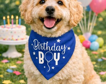 Happy Birthday Boy Over the Collar Dog Bandana in Royal Blue