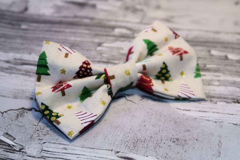 Christmas Tree Dog Bow Tie Slips Over Collar With Elastic Loops Bright