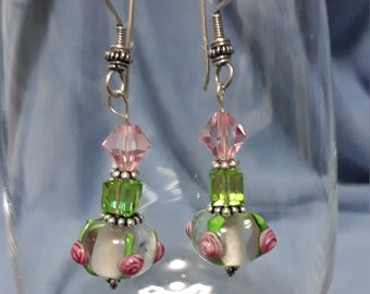 Lampwork and swarovski earrings with sterling silver ear wires.