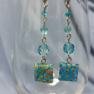 Blue millefiori flower bead earrings