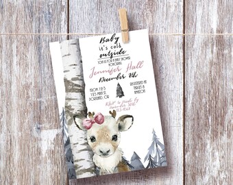 Baby shower uitnodiging, winter bos baby shower, rendieren, winter baby shower, baby het is koud buiten, bewerkbaar, instant, baby meisje, 003