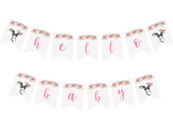 Conjunto de banner "Olá bebê" para impressão, banner de chá de bebê faça você mesmo, fazenda floral bebê menina, chá de bebê menina, 016