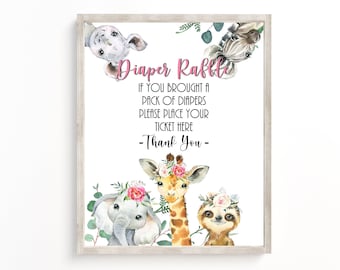 Baby douche luier loterij, Safari baby douche, jungle baby shower, bloem kroon, instant, meisje van de baby, 025