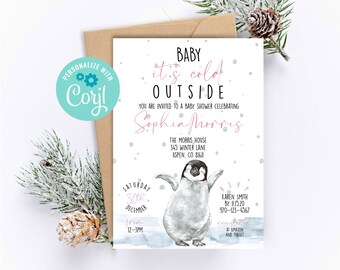 Baby Shower Invitation, Penguin Baby Shower, Winter Baby Shower, Baby It's Cold Outside, Editable, Instant, Baby Girl, 053