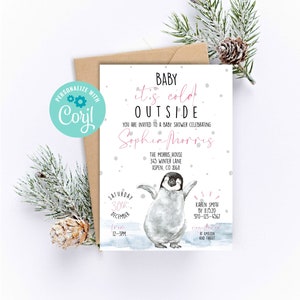 Baby Shower Invitation, Penguin Baby Shower, Winter Baby Shower, Baby It&#39;s Cold Outside, Editable, Instant, Baby Girl, 053