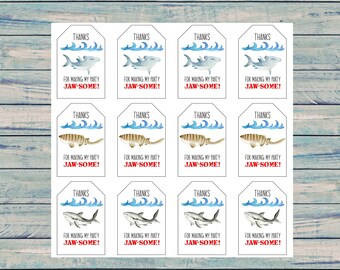 May include: Twelve white favor tags with blue and white waves, a shark or hammerhead shark, and the text "THANKS FOR MAKING MY PARTY JAW-SOME!"