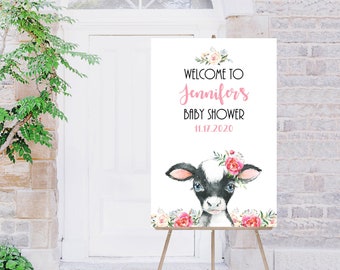 Blush Cow Floral Baby Shower Welcome Sign, INSTANT DOWNLOAD, Floral Baby Shower Sign, Cow Baby Shower, Baby Shower Welcome, 016