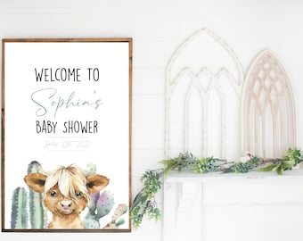 Barnyard Baby Shower Cartello di benvenuto, Highland Baby Shower, Cow Baby Shower, Verde, Cactus, Cartello baby shower, Fattoria, Mucca delle Highlands, 052