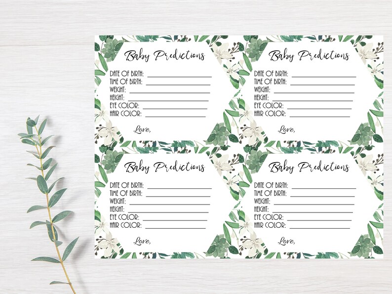May include: Four printable baby shower game cards with a green and white floral design. The cards have lines for guests to write down their predictions for the baby's birth date, time, weight, height, eye color, and hair color. The text "Baby Predictions" is at the top of each card.