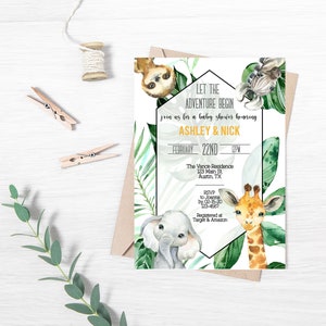 May include: A jungle-themed baby shower invitation with a sloth, giraffe, and elephant. The invitation reads "Let the Adventure Begin" and includes the names "Ashley & Nick", the date "February 22nd", and the time "6PM".
